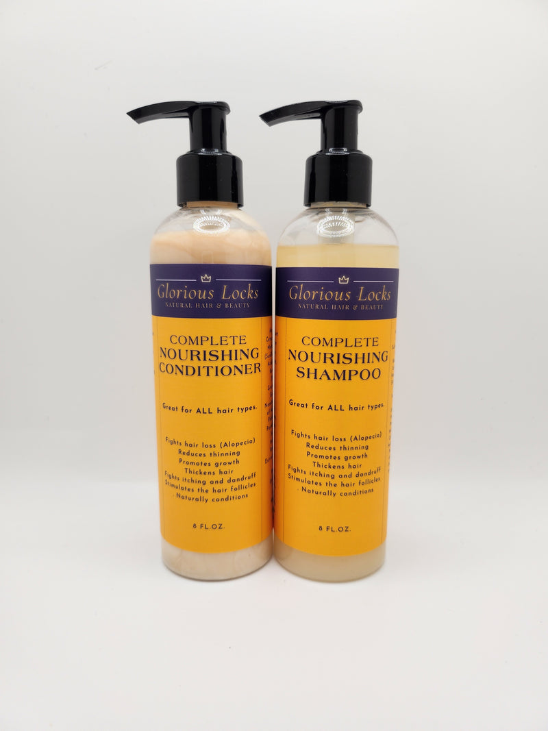 Glorious Locks Complete Nourishing Shampoo and Conditioner 8oz pump bottles displayed together on white background